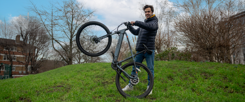 Our reviewer with the Tiger SHARK electric bike